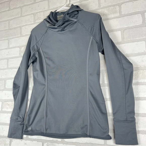 🩶 Athleta Medium Hoodie Plush Tech Running Pullover Hooded Sweater 138249 Gray - Picture 3 of 13